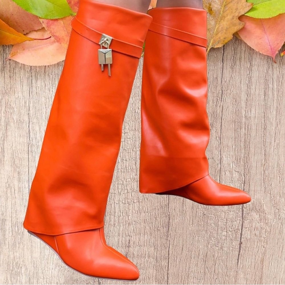 Liliana Women Fold Over Knee High Boots Wedge Heel Padlock Pull-on Boots MUTTO-1